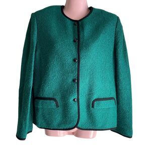 Vintage Butte Jacket Womens Medium Green Black Trim Boucle Blazer Pockets 80s